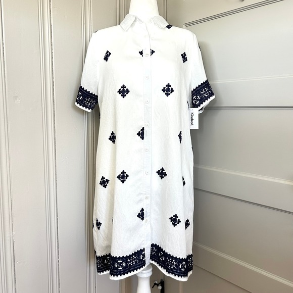 NWT Kindred Embroidered Button Down Shirt Dress White Navy XL New - Picture 2 of 13